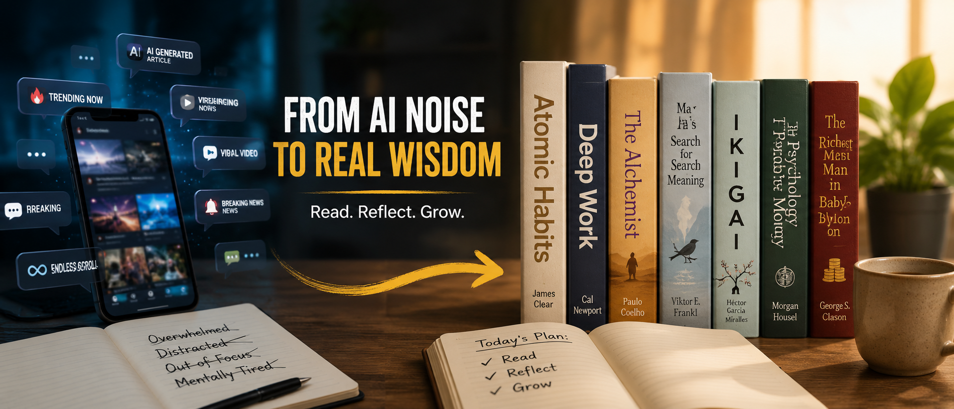 Person replacing endless AI-generated content with meaningful books for deeper learning and better focus