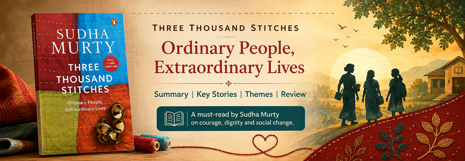 Three Thousand Stitches by Sudha Murty with themes of courage, dignity and social change