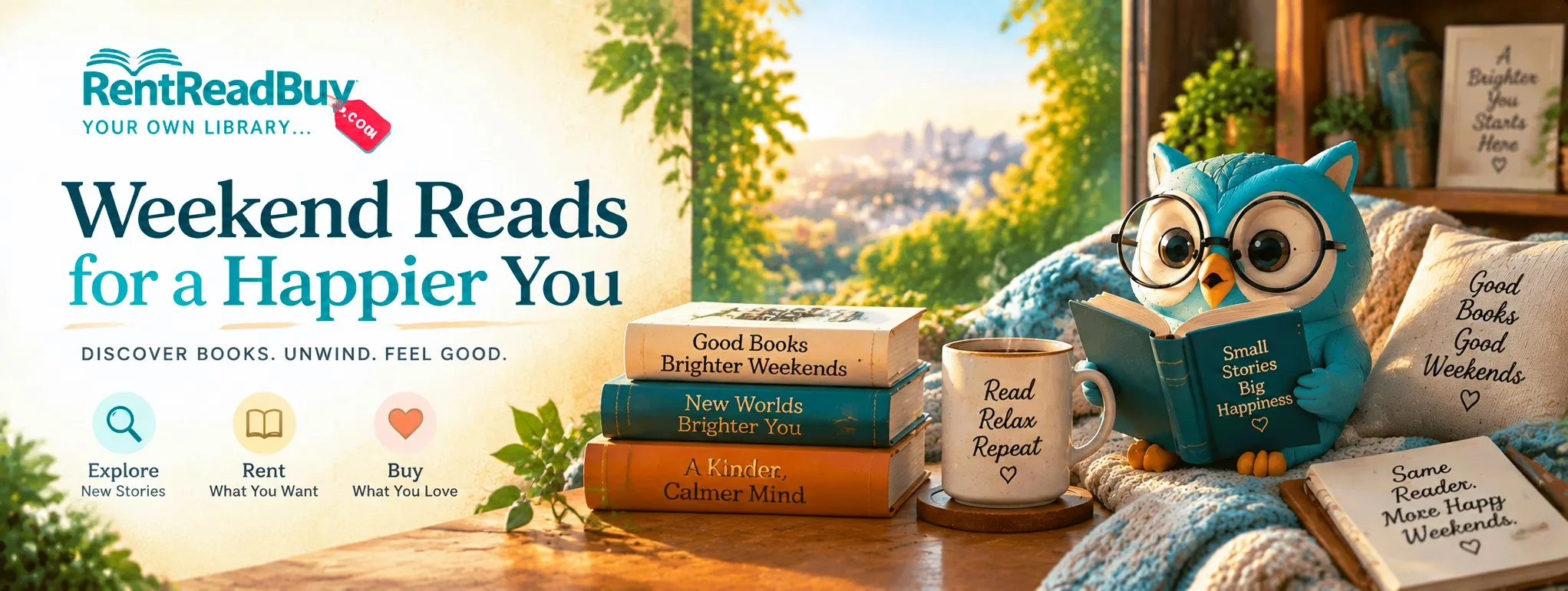 Reader enjoying a weekend book with RentReadBuy online book rental experience