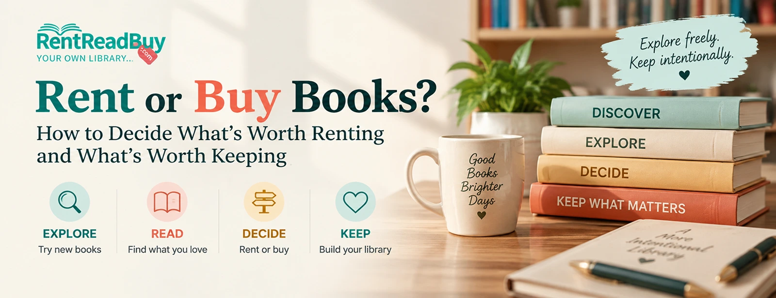 Reader deciding whether to rent or buy books while building a meaningful personal library