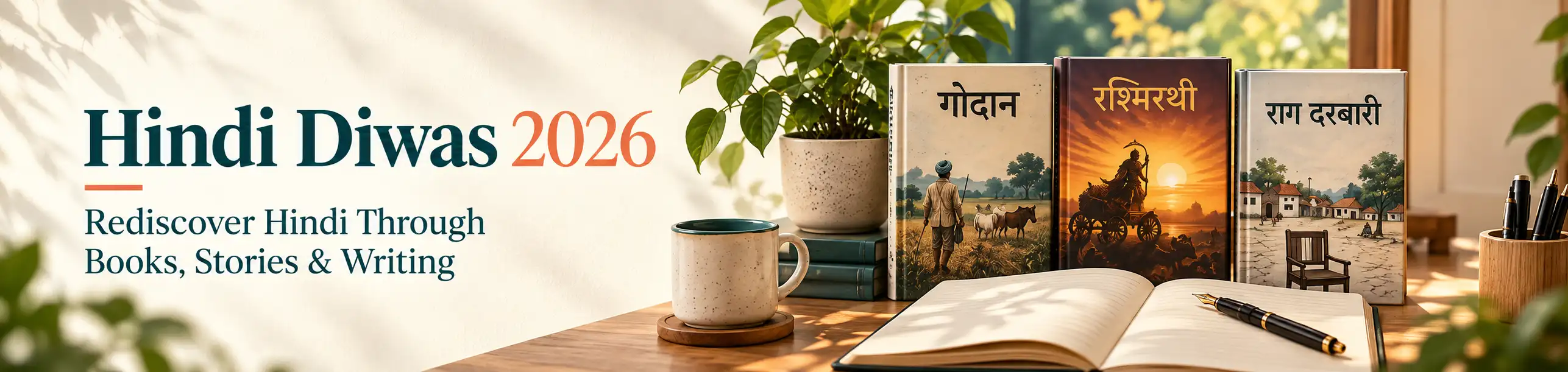 Hindi Diwas 2026 article cover featuring Godaan, Rashmirathi and Raag Darbari with a reading and writing scene