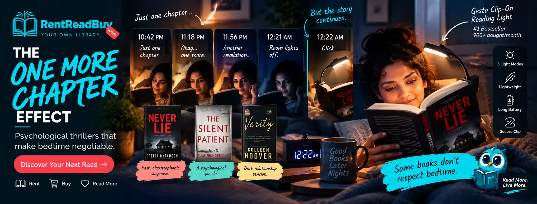 Reader enjoying a psychological thriller late at night with a clip-on book light for RentReadBuy's One More Chapter Effect