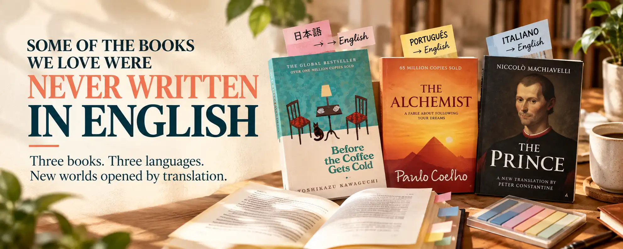 Translated books from Japanese, Portuguese and Italian literature featured by RentReadBuy, with page tabs representing their journey into English.