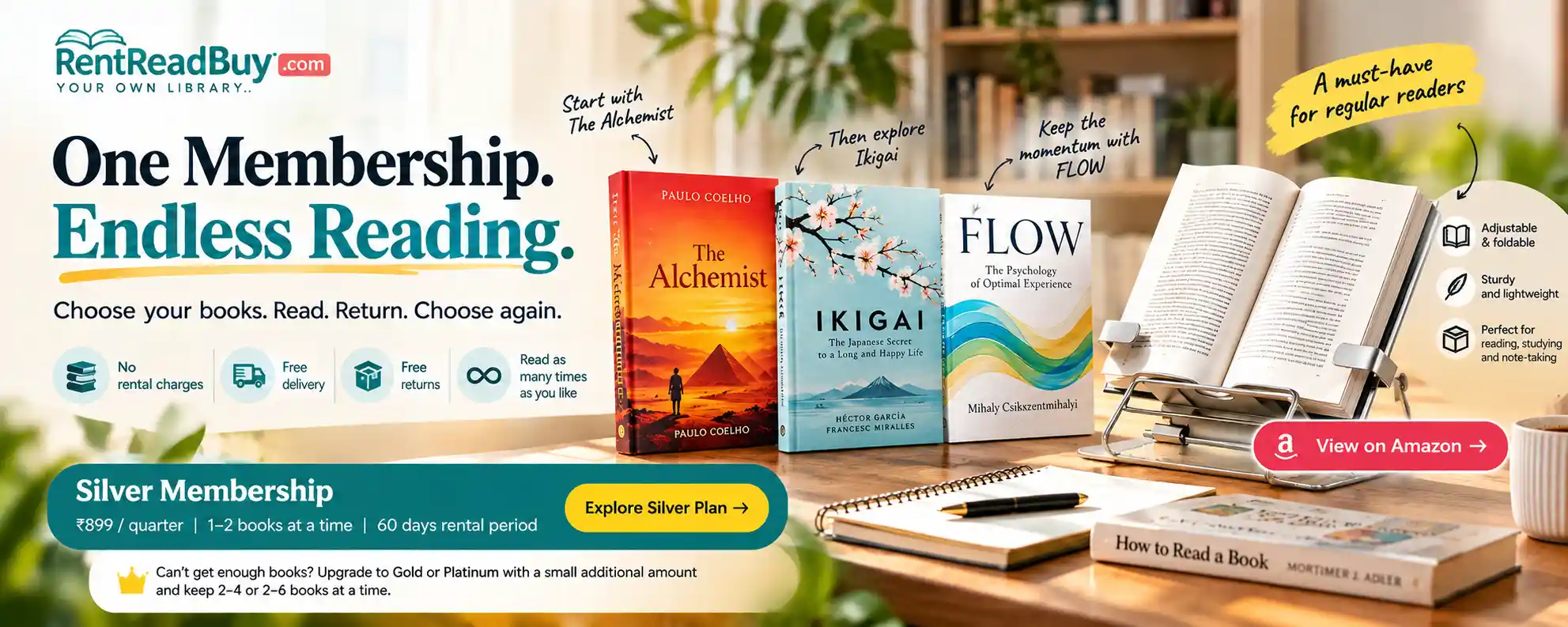 Book rental membership for regular readers with books, free delivery and returns