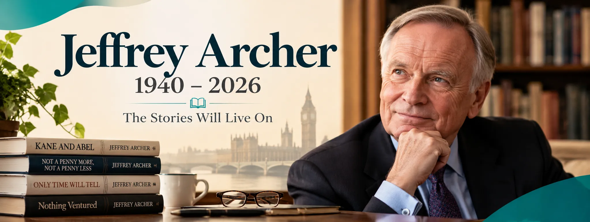 Jeffrey Archer (1940–2026) literary tribute celebrating the author of Kane and Abel and his storytelling legacy