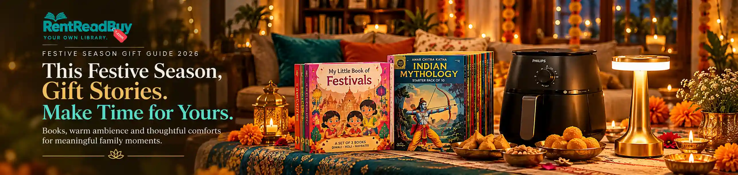 Festive family gift guide featuring children's festival books, Indian mythology comics, Philips air fryer and warm gold table lamp.