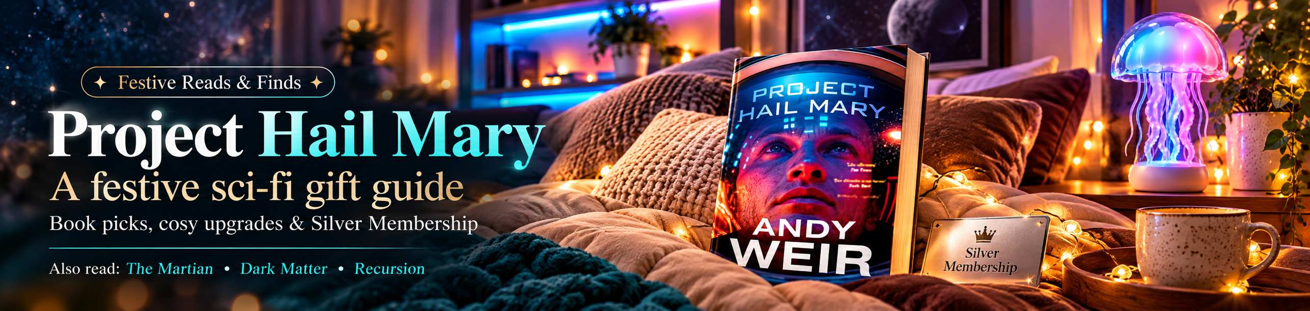 Project Hail Mary by Andy Weir featured in a festive reading setup with cosy blankets, colourful LED lighting, a glowing jellyfish lamp and Silver Membership gifting.