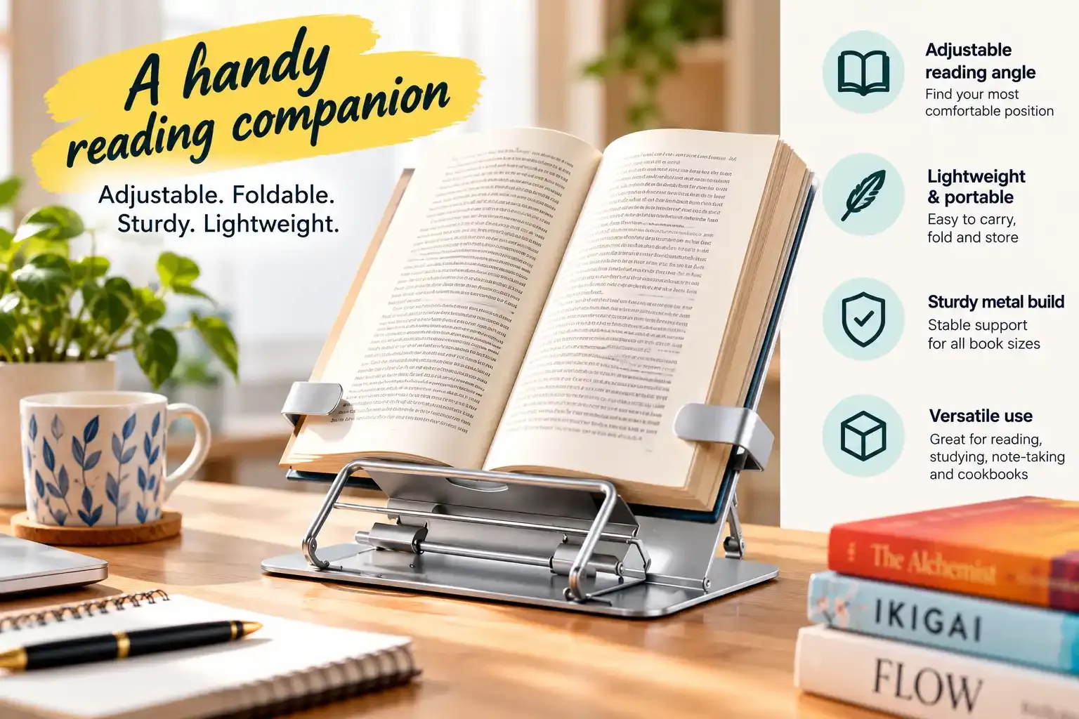 Adjustable metal book stand for comfortable hands-free reading and studying