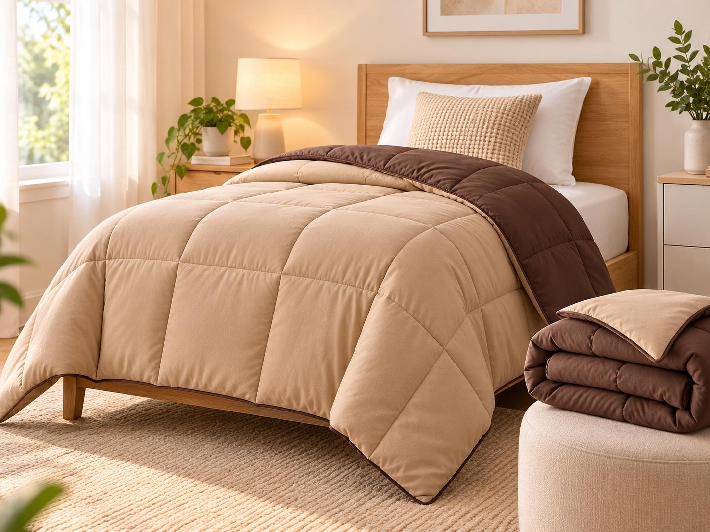 Amazon Solimo microfibre reversible comforter in sandy beige and walnut brown arranged on a cosy single bed