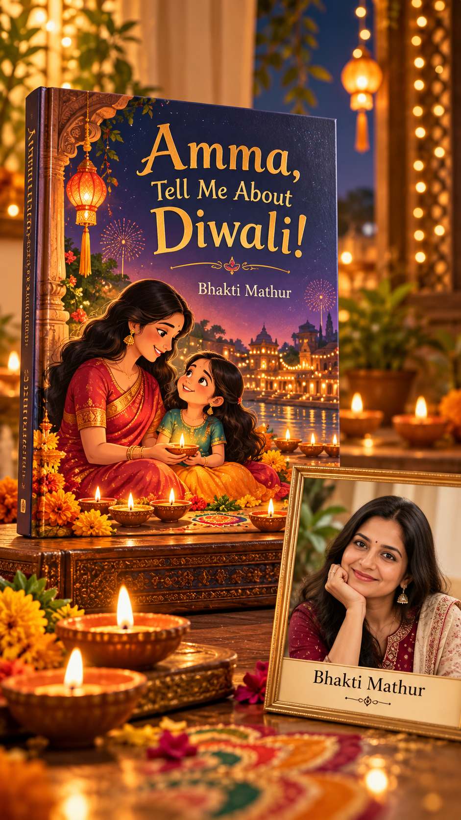Amma, Tell Me About Diwali पुस्तक की दीपावली उत्सव वाली प्रस्तुति, दीयों और पारिवारिक दृश्य के साथ