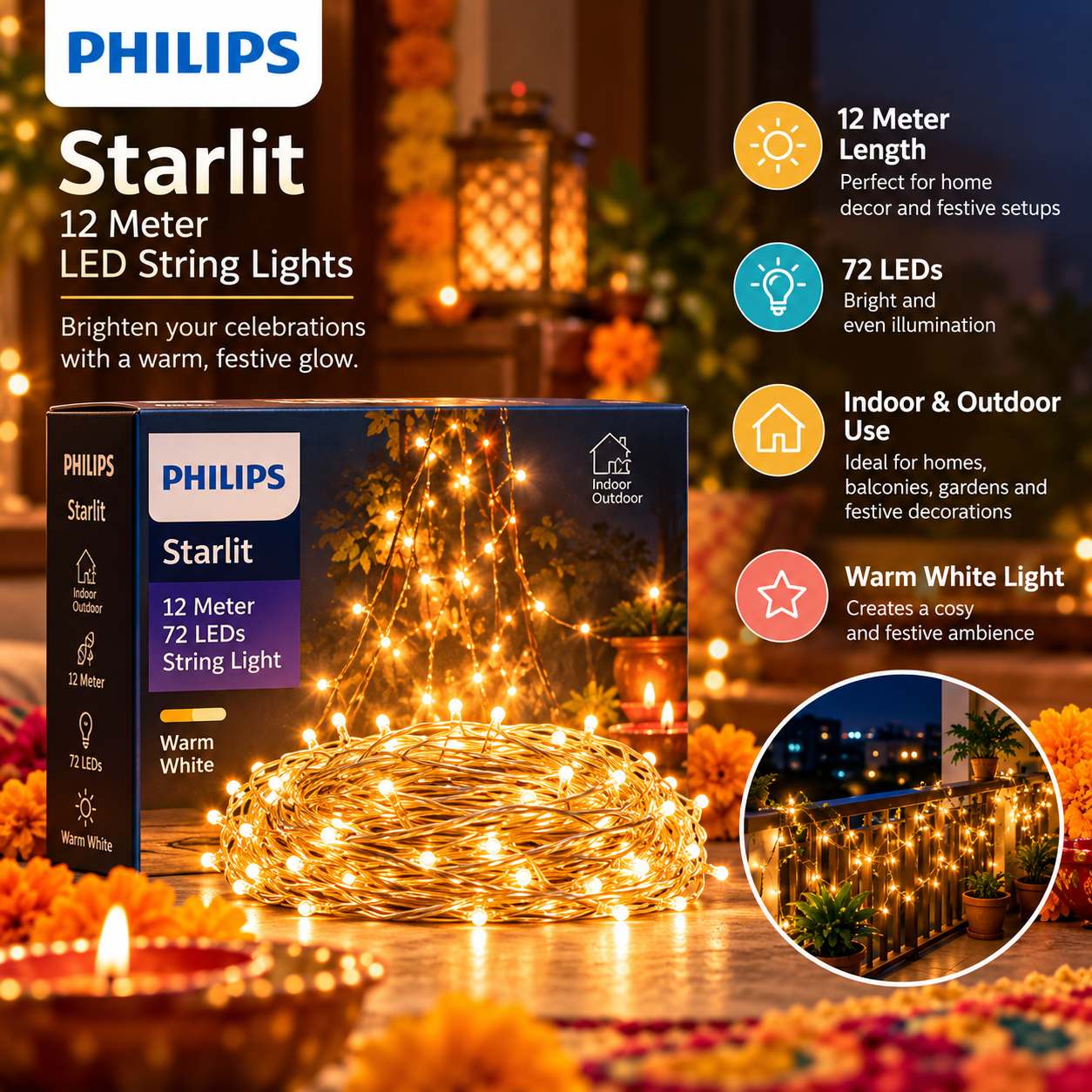 Philips Starlit 12 मीटर 72 LED वार्म व्हाइट स्ट्रिंग लाइट्स की दीपावली सजावट वाली प्रस्तुति