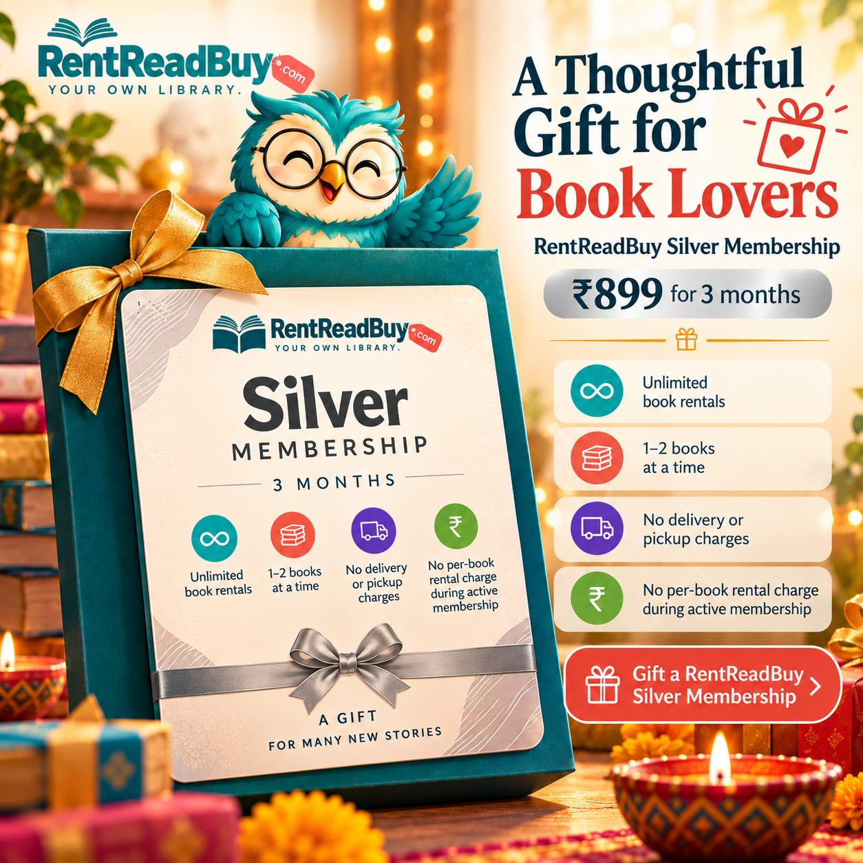 RentReadBuy Silver Membership तीन महीने के डिजिटल उपहार की दीपावली थीम वाली प्रस्तुति