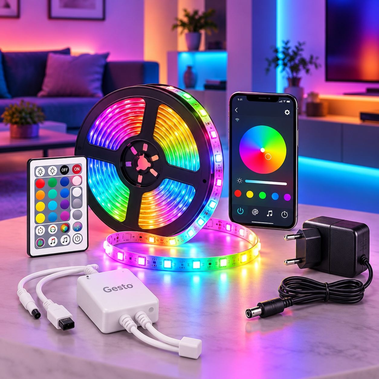 Gesto 10-metre RGB smart LED strip lights with multicolour lighting, remote control and controller in a modern reading-room setting