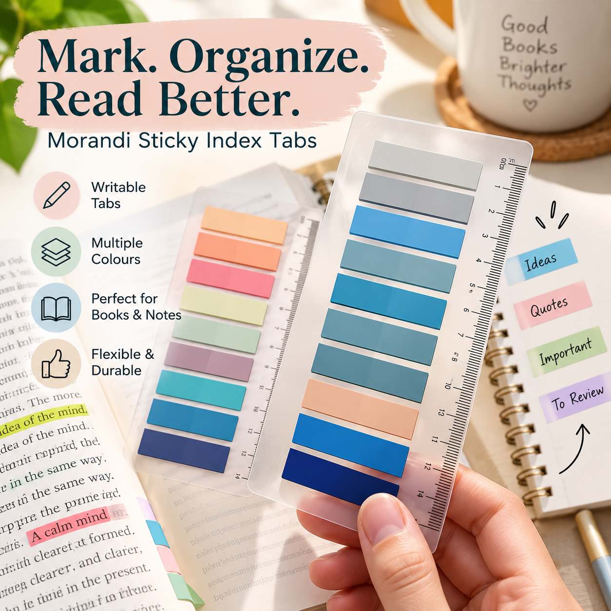 Morandi sticky index tabs with writable coloured page markers and ruler guides