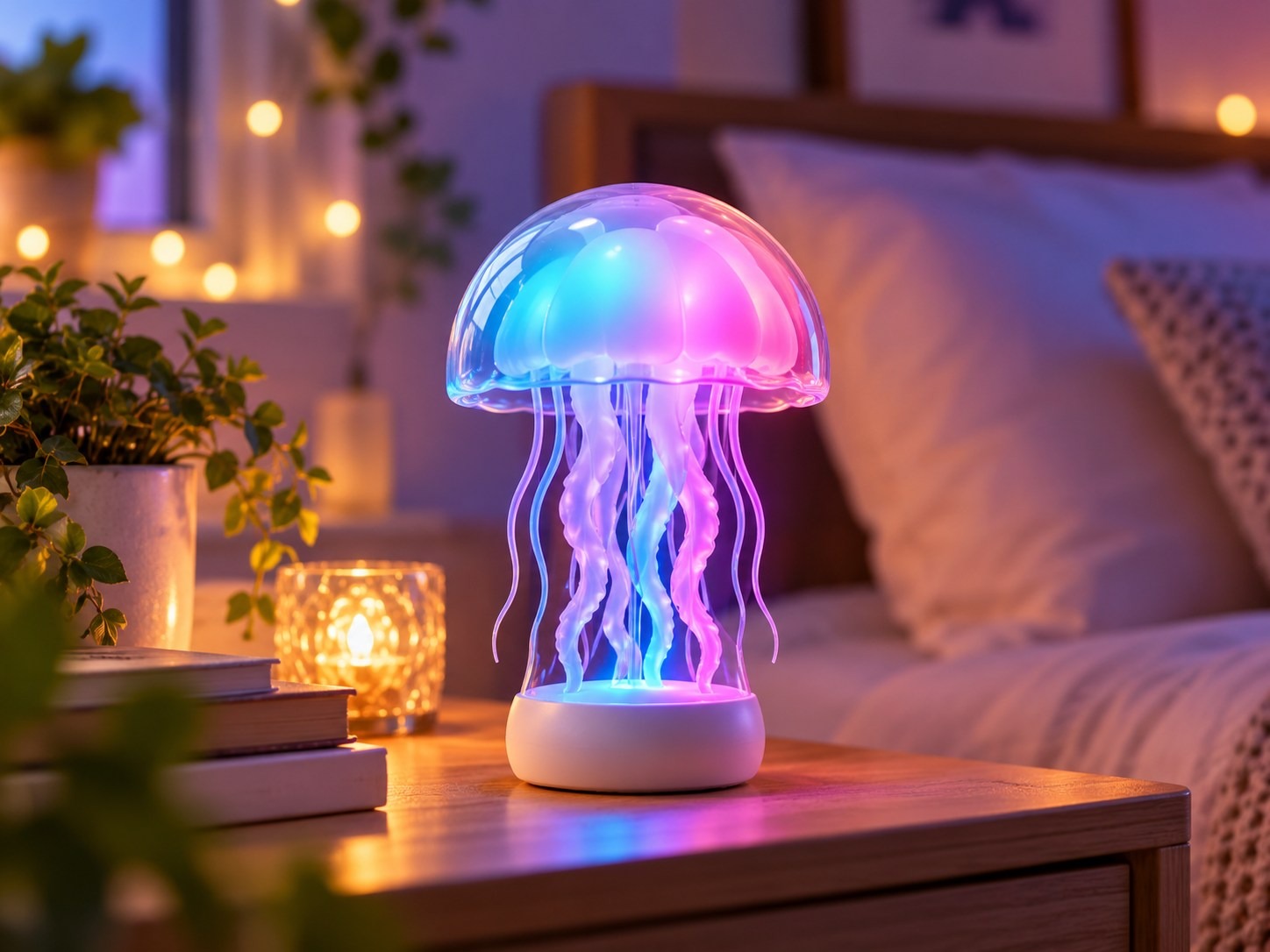 One94Store jellyfish RGB LED mood lamp glowing blue and pink on a bedside table beside books in a softly lit room