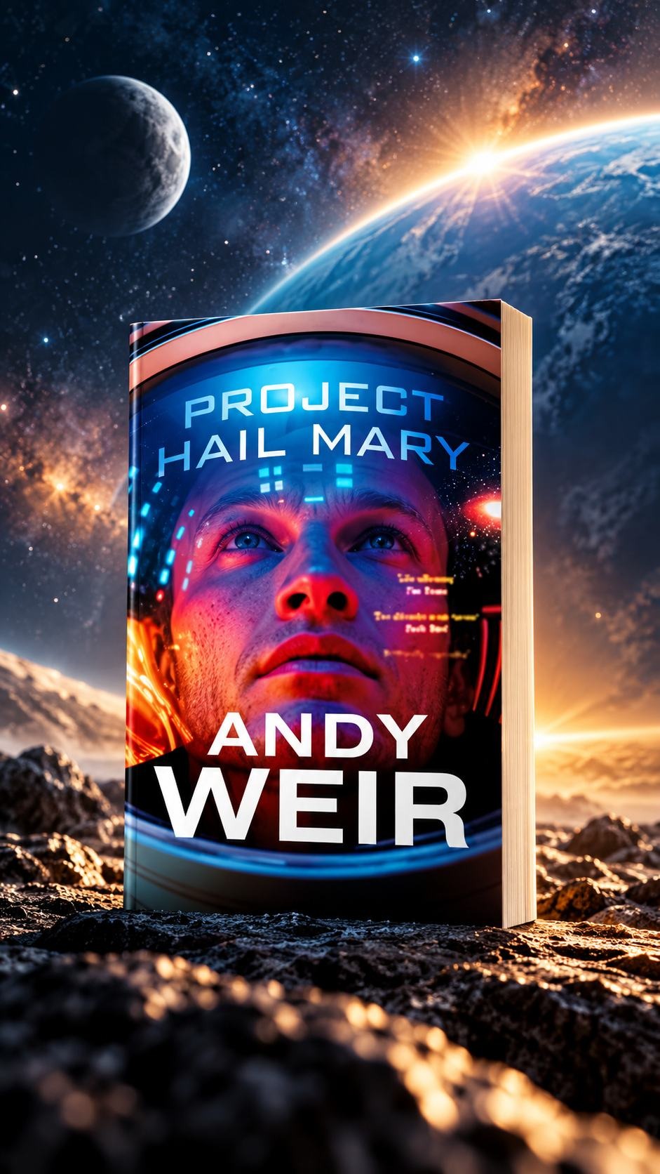 Project Hail Mary by Andy Weir displayed as a paperback against a cinematic outer-space landscape with planets and stars