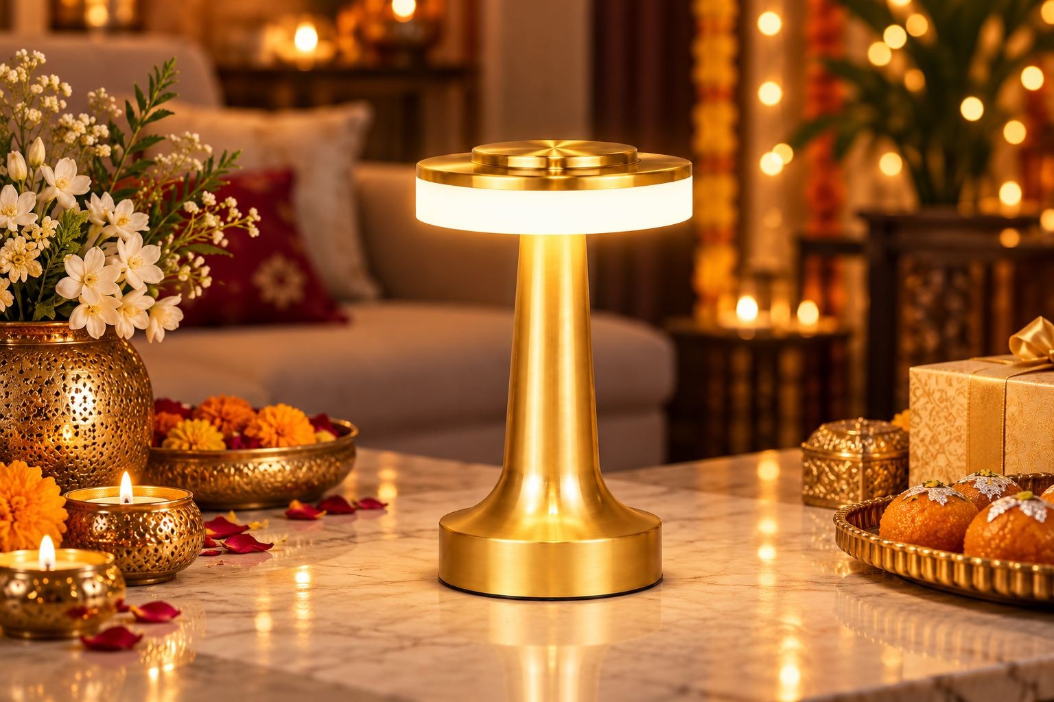 One94Store gold rechargeable table lamp creating warm festive ambient lighting