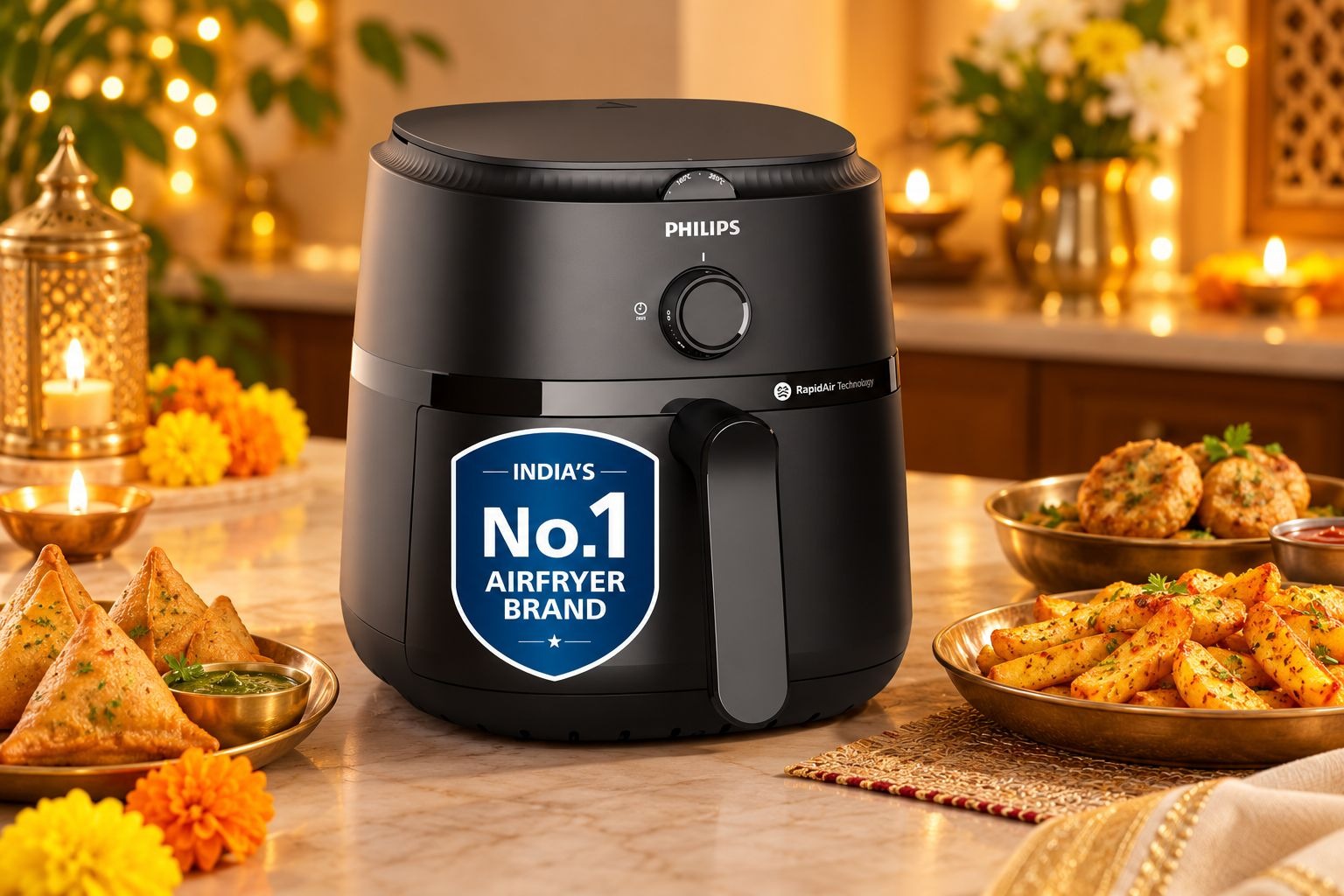 Philips 1000 Series NA120/00 black 4.2-litre air fryer displayed with festive food