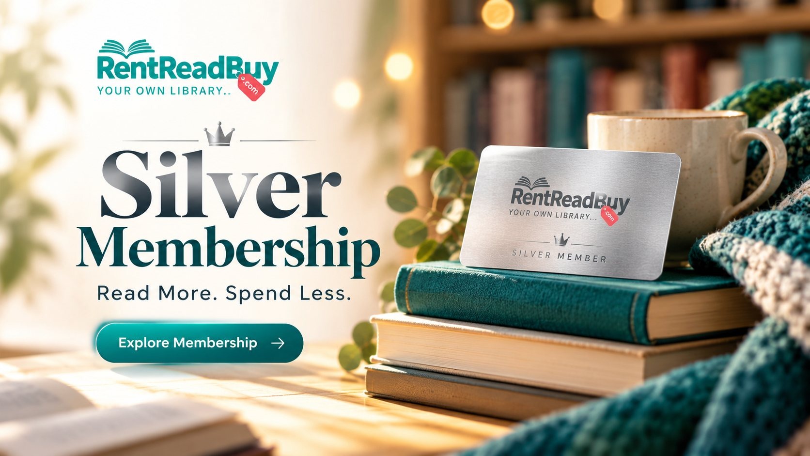 RentReadBuy Silver Membership reading promotion showing books, a cosy reading corner and a Silver Membership concept