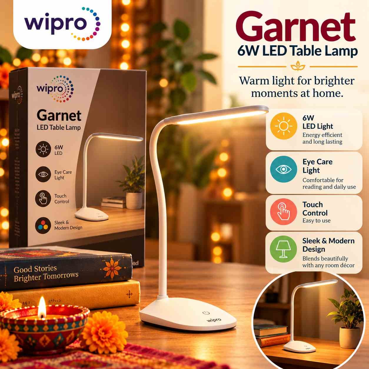 Wipro Garnet 6W LED Table Lamp with flexible gooseneck, displayed in a warm festive reading environment